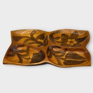 Hand Carved Wood Serving Tray Divided Floral Vintage